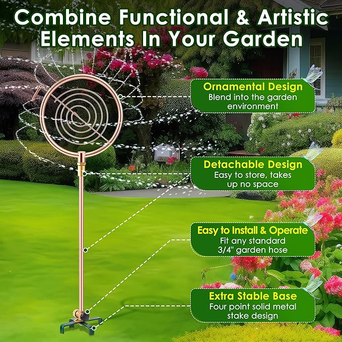 34" H Copper Coated Stainless Steel Ornamental Sprinkler, Corrosion Resistant Garden Rotating Sprinkler 360 Degree Shape Decorative for Lawn Garden Landscape(Circle Ring)