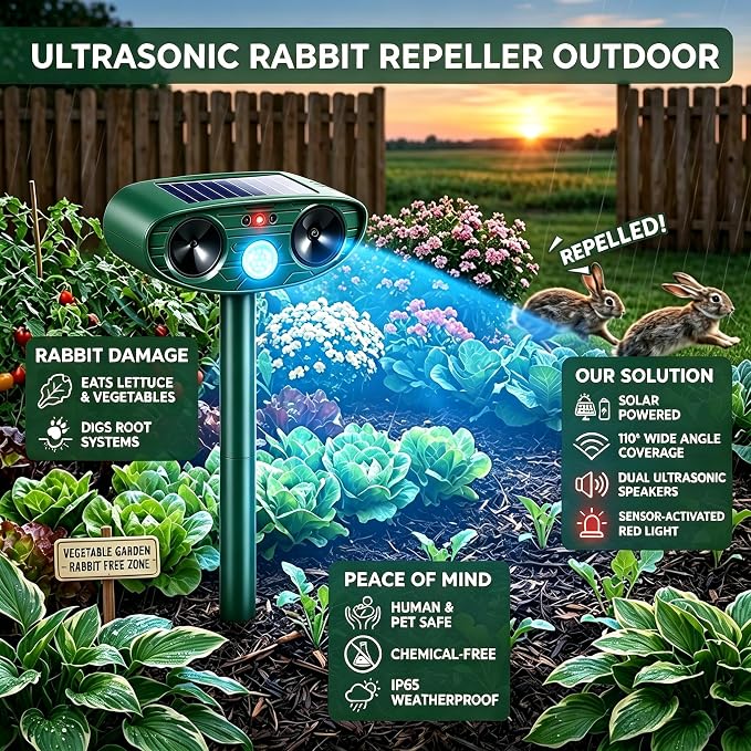2Pack Ultrasonic Deer Repellent Device with Motion Sensor for Plant Garden | Solar Animal Repellent Outdoor To Keep Cat Rabbit Raccoon Out of Yard Farm Squirrel Fortress Pro Deer Deterrent