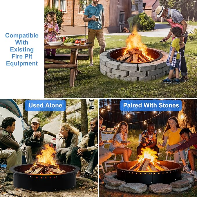 RELIANCER 35.5'' Fire Pit Ring,Outdoor Smokeless Fire Pit Liner,Heavy Duty Steel Wood Burning Firepit Rings Insert kit,DIY Campfire Fireplace Rings Insertion Barrier Lining for Backyard,Garden,Patio
