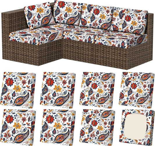 8Pcs Stretch Patio Cushion Covers, Outdoor Couch & Sofa Replacement Slipcovers for Patio Furniture Cushion Covers, Washable Reusable Furniture Protector