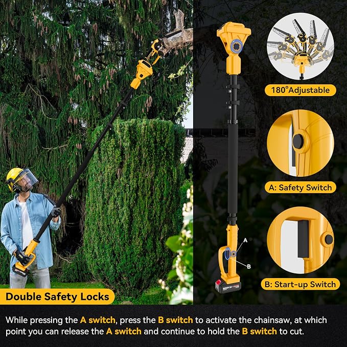 2-in-1 Electric Pole Saws for Tree Trimming, 6 Inch Mini Chainsaw Cordless with Extension Pole, 2 x 4000mAh Batteries,Battery Powered Pole Chain Saw, Tree Trimmer Limb Branch Cutter Pruner