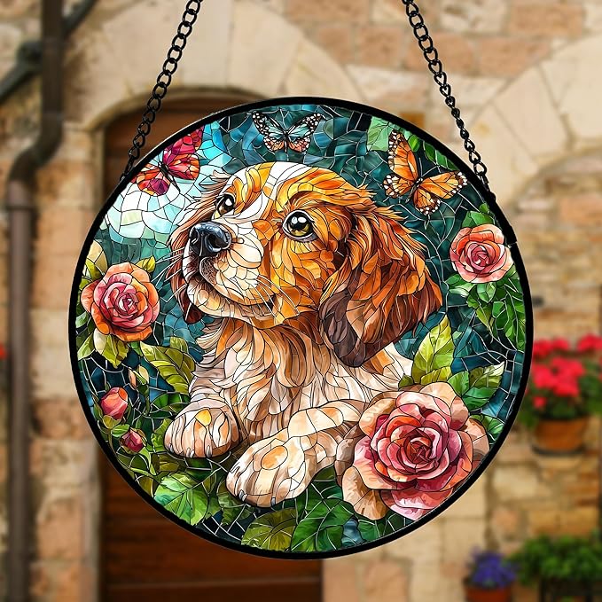 DASTOLL Stained Glass Window Hanging, Dog and Rose Suncatcher for Doors Home Butterfly Sun Catchers Decoration and Christmas, Mother's Day Birthday Gifts for Women, Men, and Mom 7.8 in