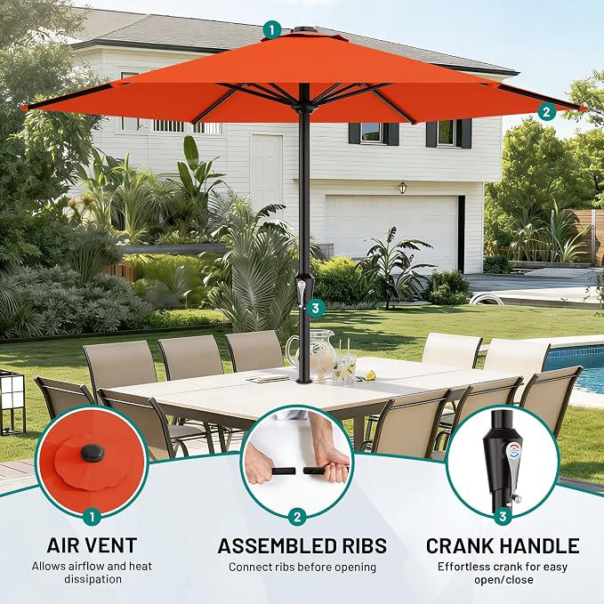 AreShark 11 FT Patio Umbrella for Outdoor, Outdoor Table Umbrella with Push Button Tilt and Crank, Outdoor Patio Umbrellas with 6 Sturdy Ribs, Patio Umbrellas for Market, Garden, Pool (Orange)