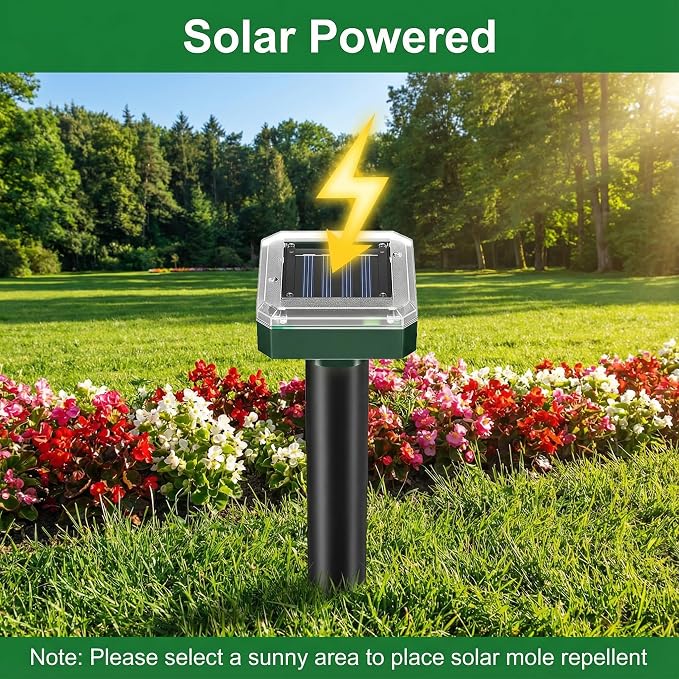 Solar Powered Mole Repellent – Heavy Duty Burrowing Animal Control for Lawn Garden Pasture, Chases Away Moles Voles Shrews Unharmed, 7,500 sq ft Coverage