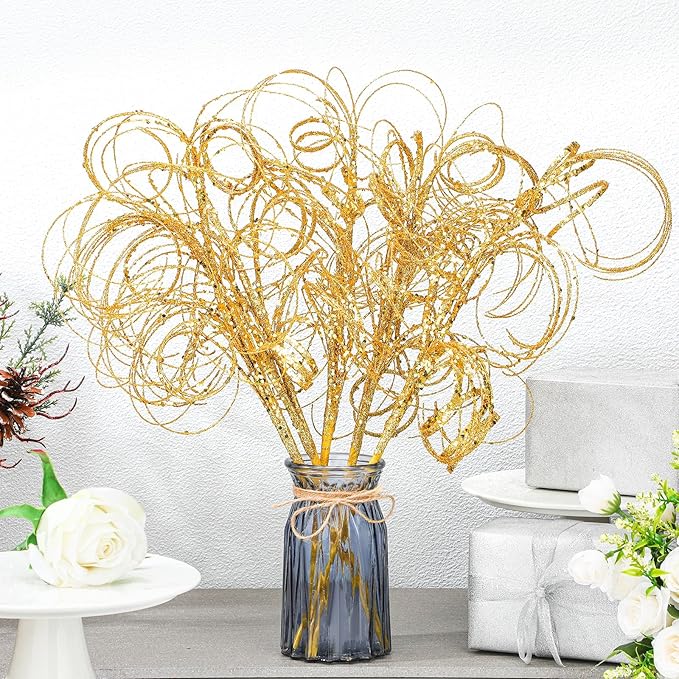 Yinder 18.5'' Glitter Curly Christmas Spray Wispy Christmas Picks Artificial Curly Twigs Branches for Vases Glitter Branches for Xmas Tree Vases Wreath Garland Banquet Decoration, 5 Pieces(Gold)