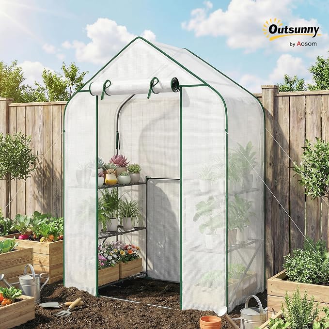 Outsunny 4.7' x 2.3' x 6.2' Small Greenhouse for Outdoors, 3 Tiers 6 Shelves, Portable Greenhouse with UV-Resistant PE Cover, Walk-in Green House with Roll-Up Door, White