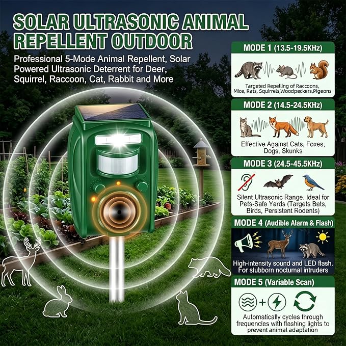 2Pack Upgraded Bird Deterrent Solar Animal Repellent Ultrasonic Outdoor with Motion Sensor Strobe Light for Pigeon Woodpecker Cat Rabbit Raccoon Squirrel Skunk Deer Repellent Devices for Yard Garden