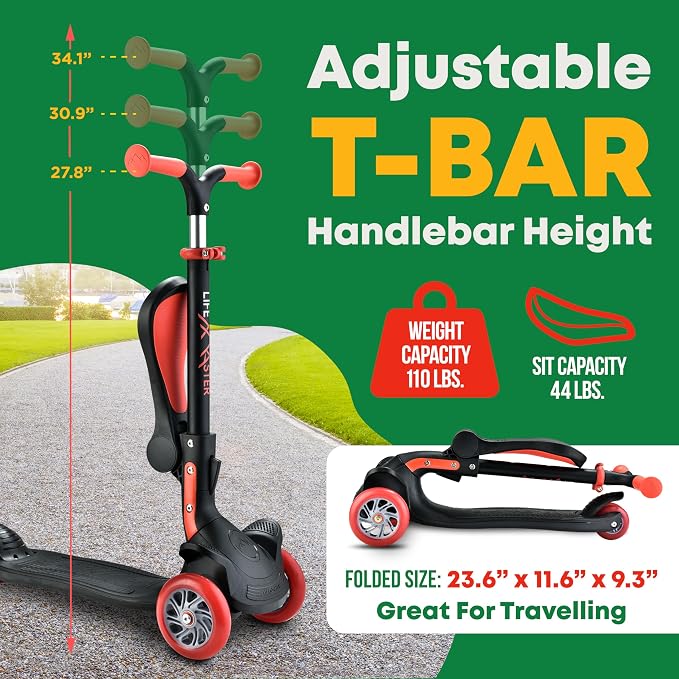 3 Wheel Scooter for Kids with Foldable Seat, Adjustable Handlebar Height, Lean-to-Steer Ride On Toy for Kids Ages 2+, Light-Up LED Wheels, Wide Anti Slip Deck, Indoor & Outdoor Use