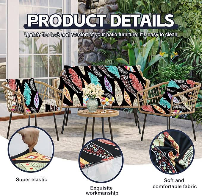 8Pcs Patio Cushion Covers,Outdoor Cushions Covers,Stretch Cushion Covers Replacement, Washable and Reusable Furniture Protectors(Dream Feather)