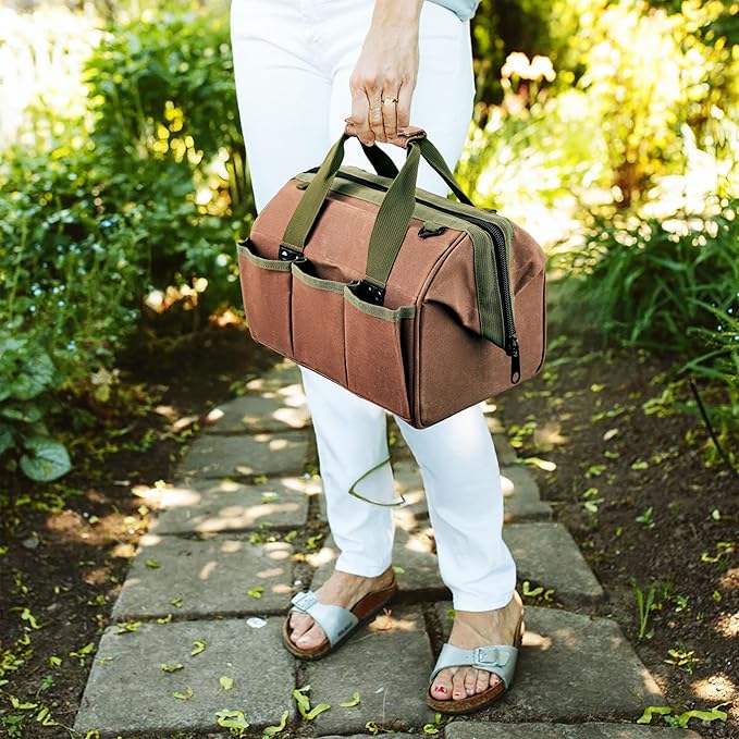 Waxed Canvas Tool Bag - 11.75” Heavy Duty Canvas Tote Bag Garden Caddy for Gardening Supplies or Tools with Wide Mouth 3 Interior and 3 Exterior Pockets - Gardening Gifts Men by Kings County Tools