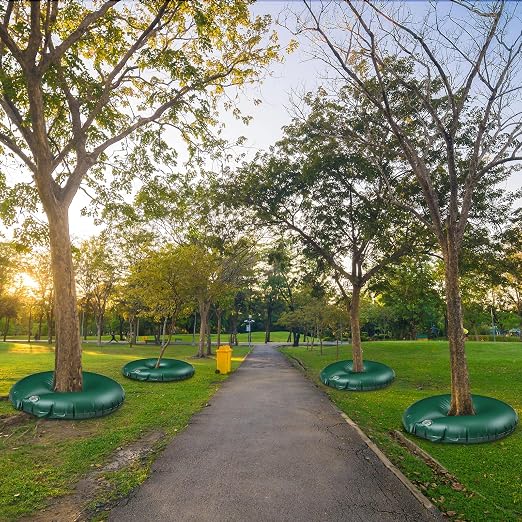 TaoBary 4 Pcs 10 Gallon Tree Watering Ring Bag Slow Release Watering Bag Deep Root Automatic Drip System PVC Drip Irrigation Pouch Donuts for Newly Planted Multi Trunk Trees Shrubs (Green)