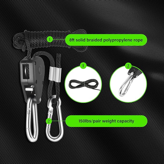 YSSOA 6 Pairs 1/8 inch Grow Light Hangers Adjustable Heavy Duty Rope Hanger for Grow Light Fixtures & Garden, 8 Feet Long & 150lbs Weight Capacity, Black