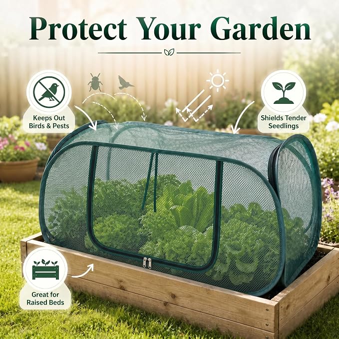 2 Pack Pop Up Mesh Plant Cover, 33% Sunblock Garden Covers for Raised Beds, Breathable Garden Netting for Raised Beds with 8 Stakes for Protecting Seedlings Fruits(44 x 22 x 17.5 in)