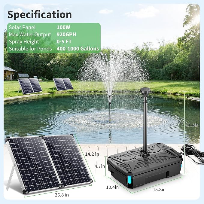 POPOSOAP 100W Solar Fountain Pump and Filter Kit, 1200GPH Solar Powered Pond Filter with 4-Stage Biological Filtration, Solar Pond Pump & Pond Filter Box for Outdoor Koi Pond, Garden, Waterfall P3100