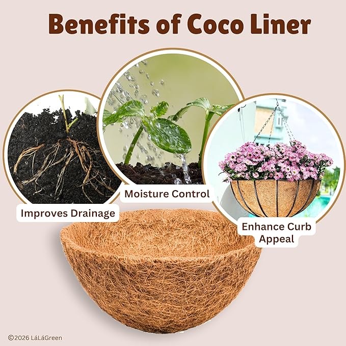 LaLaGreen 18" (2 Pack, Round) Coco Liners for Hanging Basket – Large Coir Fiber Replacement Liner for Pot, Outdoor Wall Mounted Planter – Also Available in 8/10/12/14/16/20 Inch & Different Shapes