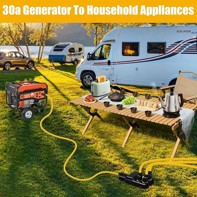 NEMA L14-30P to 4X 5-20R/5-15R&L14-30R Generator Adapter Extension Cord, 4 Prong 30 Amp to 110V,Twist Locking to 15 Amp/20 Amp Household Outlet, 125/250V 7500 Watts, ETL Listed (3FT)