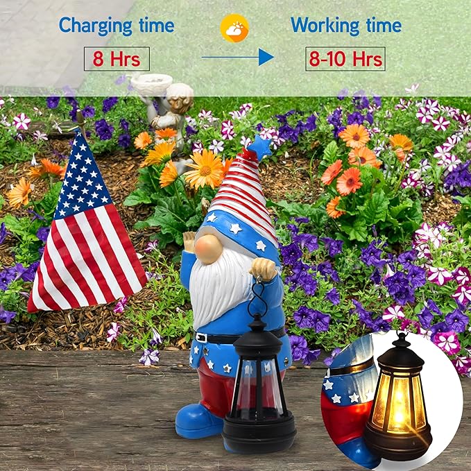 Gift Boutique Patriotic Gnome Decor with Lantern Red White Blue Garden Statue 11in Tall Indoor Outdoor Holiday Yard Decoration Memorial Day 4th of July Porch Accent