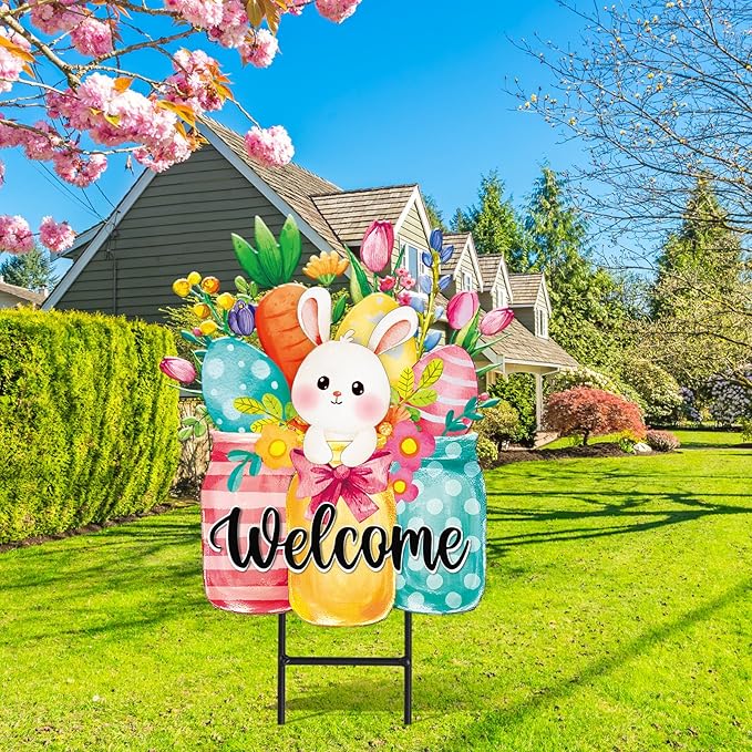 JarThenaAMCS Easter Metal Garden Stake Welcome Yard Sign Watercolor Bunny Rabbit Vase Decorative Lawn Sign for Spring Home Outside Lawn Porch Walkway Pathway