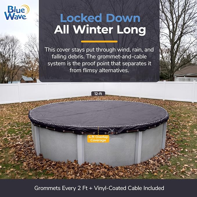 Blue Wave 8-Year 12-ft Round Above Ground Pool Winter Cover | Solid polyethylene, heat-sealed seams, underside, cable, winch, grommets, 4-ft overlap, 8-yr support, blocks debris & snow