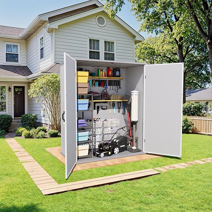 Greesum 5X3FT Plastic Storage Shed with Floor, Resin Outdoor Storaged Shed with Lockable Door, Easy Assembly All-Weather Tool Sheds for Garden, Backyard, Patio, Light Gray (4.7×2.5FT)