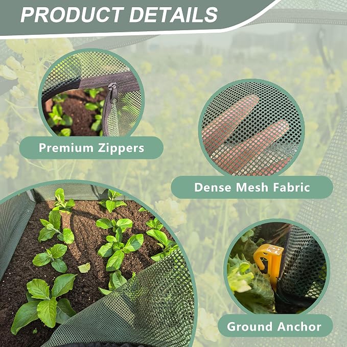 Plant Mesh Cover for Garden Protection - 37.5" x 37.5" x 27.5" Reusable Plant Tent Cage with Zipper & Stakes, Pest Guard Netting for Vegetables, Fruits, Flowers, Small Animals & Poultry 2PCS