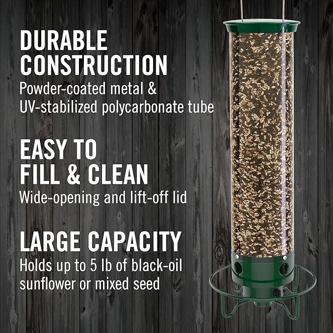 Droll Yankees Squirrel Proof Bird Feeder for Outdoors – Rechargeable Weight-Activated Rotating Perch, 5lb Seed Capacity, Metal Base, UV-Stabilized Seed Tube, Hanging Green Yankee Flipper, YF-M