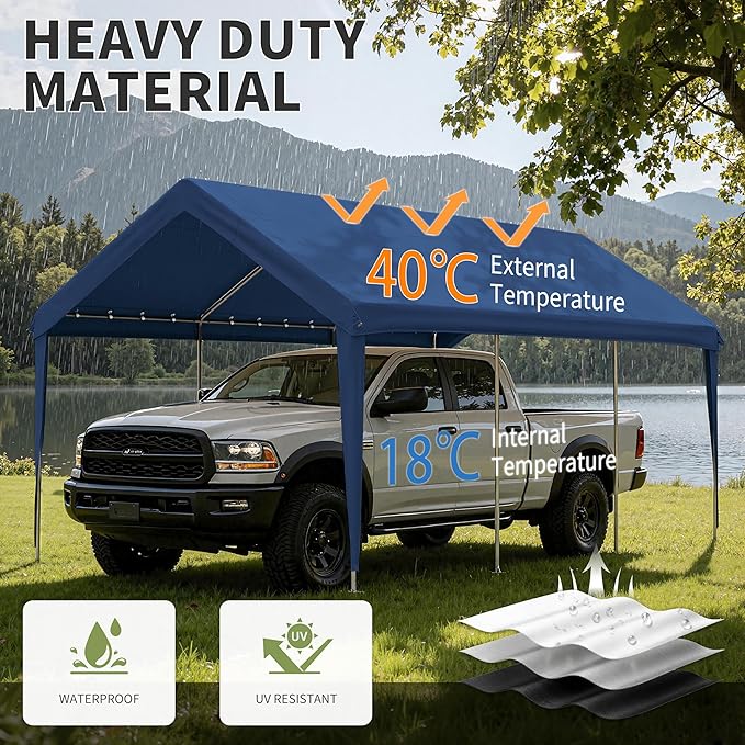 Carport Replacement Canopy Cover 10'x20' for Tent Top Garage Shelter Cover, 800D Heavy Duty Oxford Waterproof & UV Protected Car Canopy Tarp with Ball Bungees (Frame is not Included)