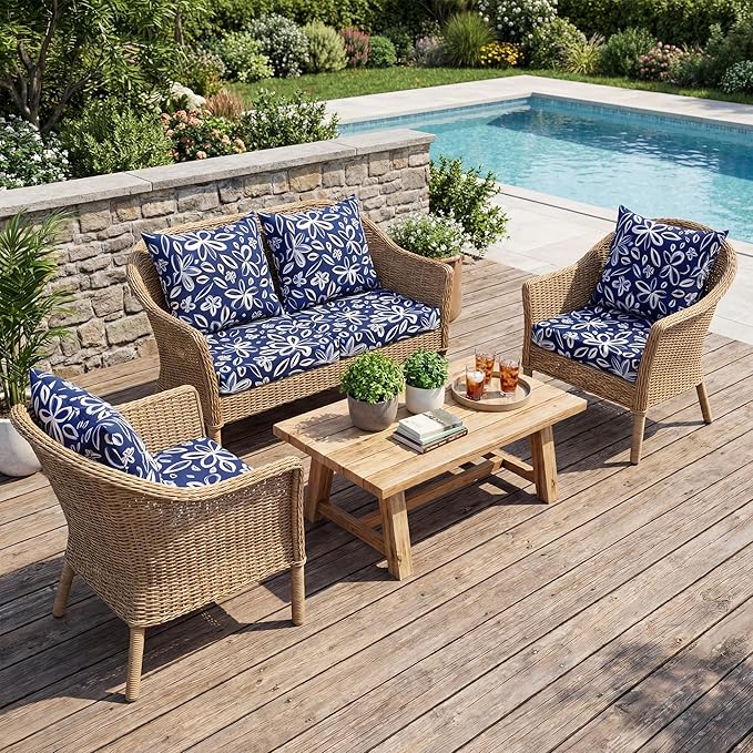 UNIKOME Outdoor Seat Cushions 24 X 24 Inch - Water-Resistant & Fade Resistant, Removable Cover Patio Furniture Cushions for Chair, Sofa, Couch, Wicker, NavyBlue/White