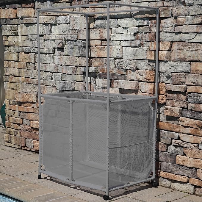 Pool Equipment Holder with Towel Drying Bars, Mesh Rolling Multi Use Storage Organizer Bin, Large Towel Hanger (25" L x 34.5" W x 62.6" H), Gray