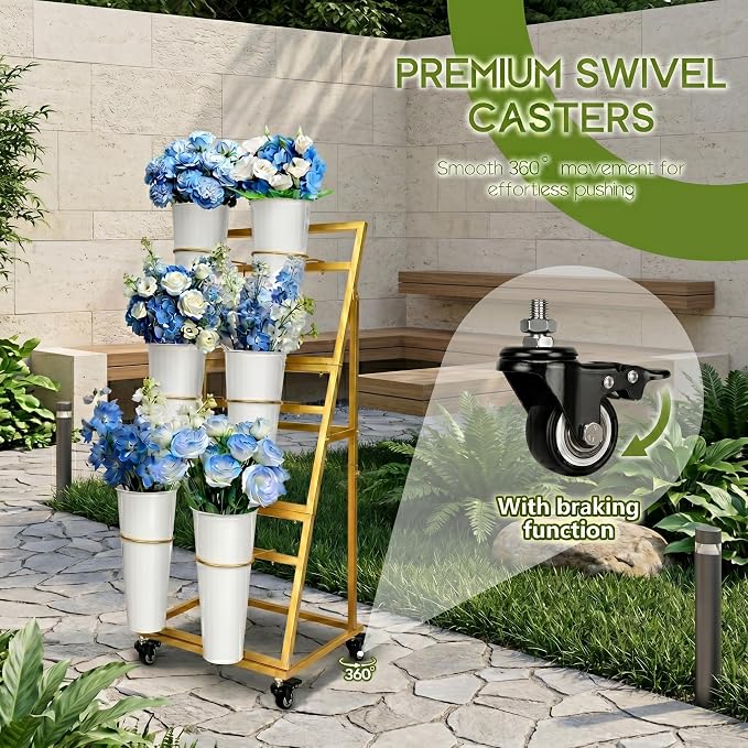 Flower Bar Stand with 6 Buckets, 3-Tier Metal Flower Display Stand on Wheels, Mobile Flower Cart for Indoor & Outdoor Garden, Flower Shop, Wedding, Party Decor(Gold)