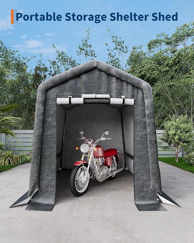  6X8 FT Heavy-Duty Portable Outdoor Storage Shed with Roll-Up Zipper Door & Vent, 240g Waterproof Carport Storage Shelter, UV-Resistant Canopy for Motorcycle, Firewood, Tools -Gray ﻿