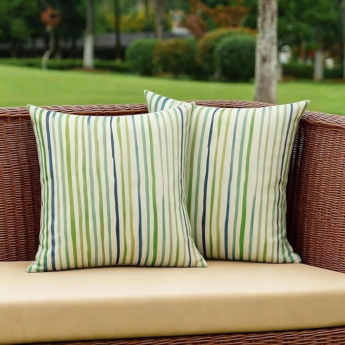 All Smiles Spring Outdoor Waterproof Throw Pillow Covers 18x18 Set of 2 Green Sunbrella Decorative Cushion Cases Porch Decor for Patio Bench Garden Furnitures Couch Sofa,Sage Green Lines Stripes