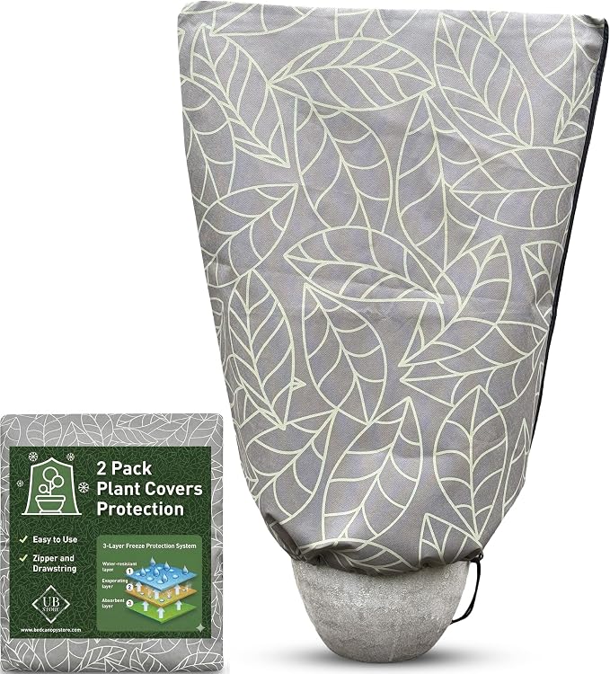 Plant Covers Freeze Protection 24"x32" in 2 Pack | Brown Winter Frost Blankets for Outdoor Plants | Reusable Garden Cover Bags with Zipper Drawstring | Cold Weather Shrub Protection Cloth