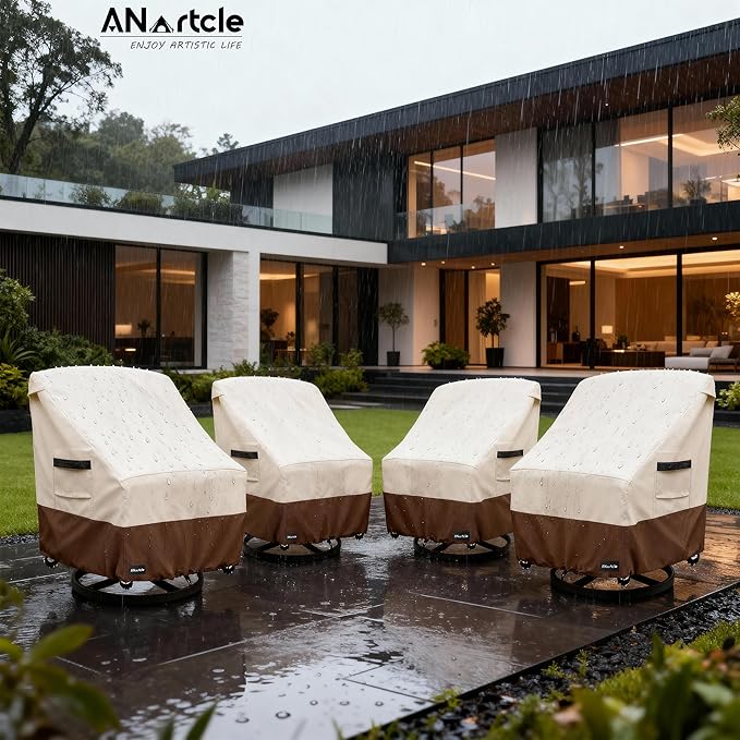 ANartcle Swivel Patio Chair Cover 4 Pack,600D Waterproof Heavy Duty Outdoor Chair Cover(28 W x 33 D x 36 H inches),Patio Furniture Covers,Outdoor Furniture Covers Waterproof,Beige&brown