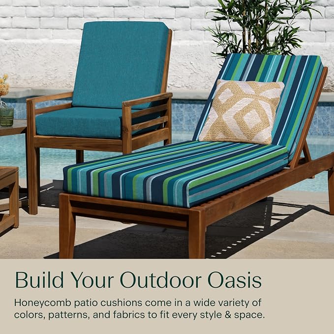 Honeycomb Outdoor Chaise Lounge Cushion for Patio Furniture, Water & Fade Resistant, Removable Cover, 21.5 x 70, Heritage Stripe Poolside