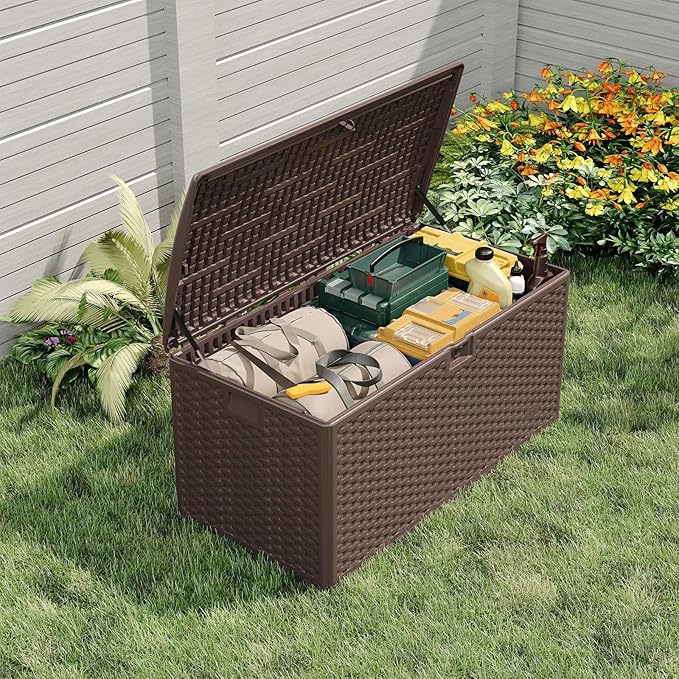 CABIHOME Outdoor Storage Box 120 Gallon Waterproof Large Resin Deck Box Indoor Outdoor Lockable Storage Container for Patio Furniture Cushions Garden Tools, Pool Garden, 120 Gallon, Brown