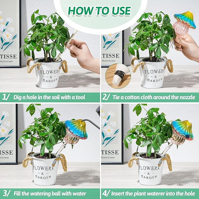 11 oz Large Plant Watering Globes, Mushroom Gradient Color Glass Watering Bulbs, Vacation Plant Watering Devices, Self Watering Globes - Self Watering Planter Insert for Travel (Large 2-Pack)