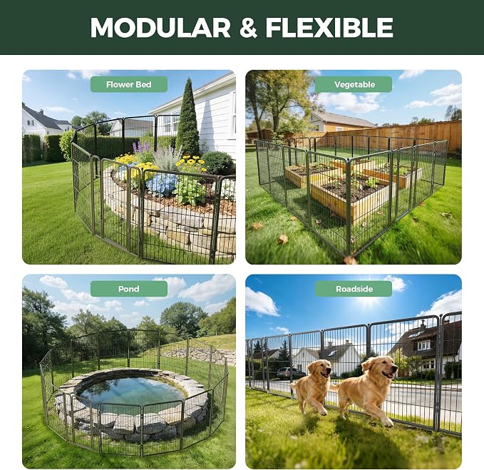FXW Garden Fence Outdoor for the Yard – 40in(H) x 54.7ft(L) Heavy Duty Metal Animal Barrier for Dog, No Dig Decorative Dog Fence, 24 Panels, Silver