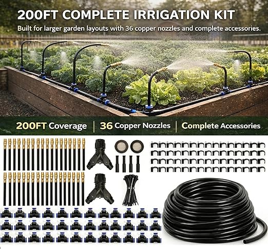 Automatic Garden Irrigation System 200ft, Upgraded Drip & Spray Watering Kit with 36 Adjustable Copper Nozzles for Raised Beds, Outdoor Garden, Lawn, Potted Plants & Greenhouse (200ft)
