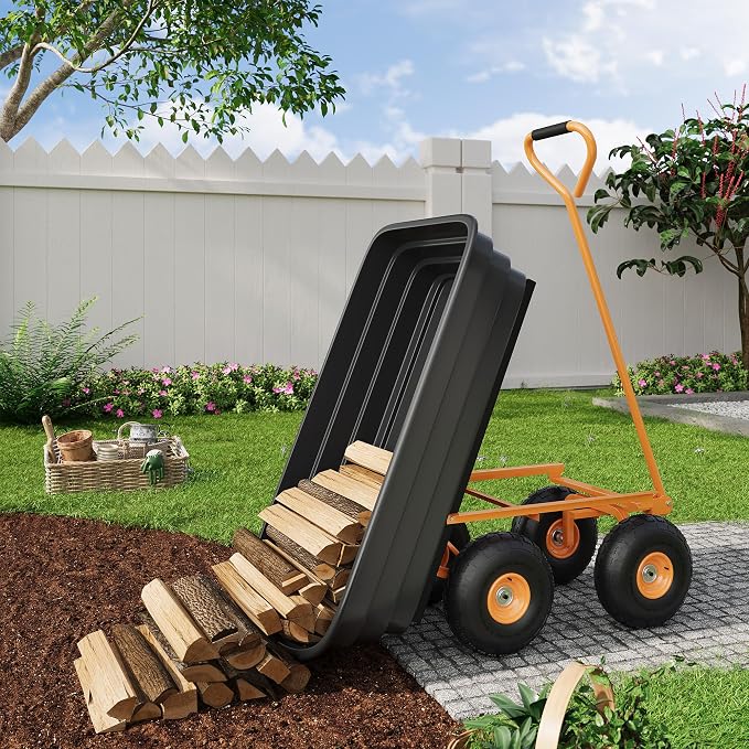 Heavy Duty Garden Dump Cart with 1200 Lbs Capacity – 4 Cu.Ft Yard Utility Wagon with 10" All-Terrain Tires, 180° Adjustable Handle & Quick-Release Tipping for Soils, Plants & Tools, Black
