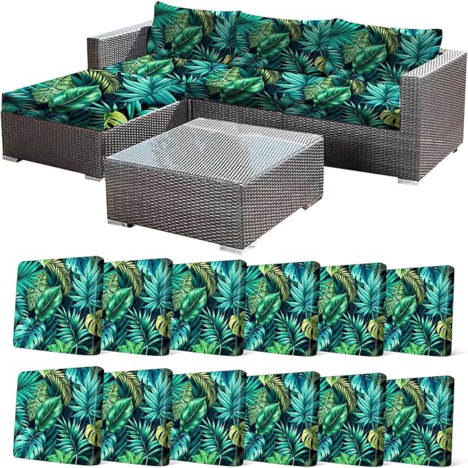 CALBODE 12 Pcs Stretch Outdoor Seat Cushion Covers, Washable Chair Seat Cover for Patio Furniture Cushions Soft Indoor and Outdoor Couch Cover Replacement (Green Tropical Leaves, Cover Only)