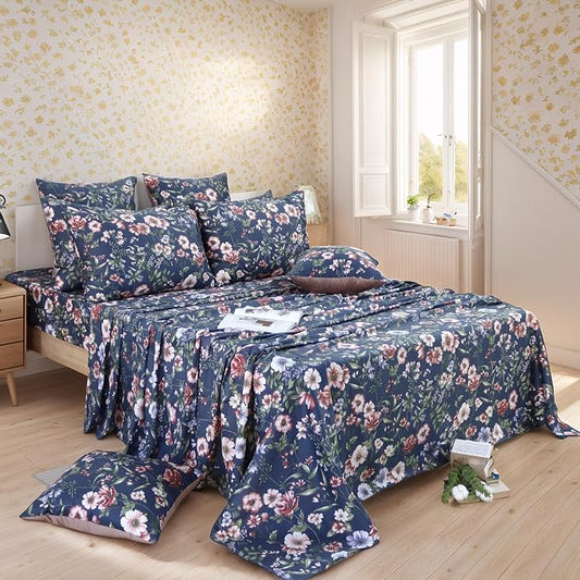 FADFAY Sheets Set Twin Vintage Dark Blue Floral Bedding Shabby Peony Floral Sheets Navy French Country Farmhouse Bedding 800 Thread Count 100% Egyptian Cotton Deep Pocket Fitted Sheet 4Pcs, Twin Size