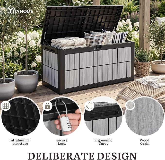 YITAHOME 134 Gallon Large Deck Box, Waterproof Resin Outdoor Storage Box with Lock, Doubles as Bench Seating for Patio Furniture Cushions,Garden Tools & Pool Accessories, Black & Wood-Grain Gray