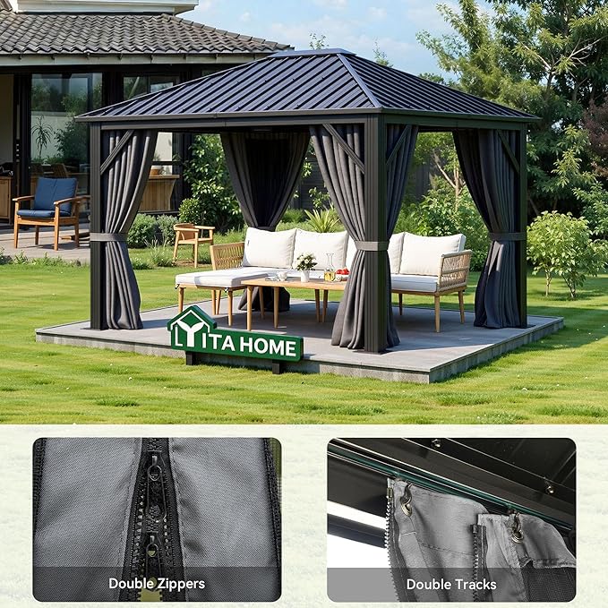 YITAHOME 10'X12' Single Hardtop Gazebo Metal Outdoor Patio Galvanized Iron Aluminum Column Garden Tent Curtains Netting for Backyards Decks Lawns,Gray