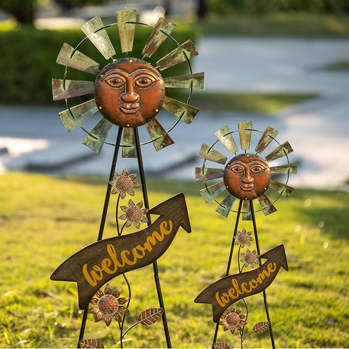 TERESA'S COLLECTIONS Garden Decor with Solar Outdoor Lights, Wind Spinner Yard Art Sign for Outside, 26'' Bronze Metal Sun Face Windmill Decorative Garden Stake for Lawn Ornaments, Gifts for Mom