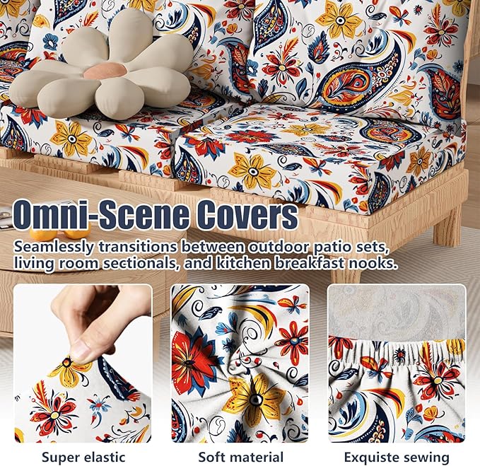 14Pcs Patio Stretch Cushion Covers, Outdoor Couch & Sofa Replacement Slipcovers for Patio Furniture Cushion Covers, Washable Reusable Furniture Protector, Square Large, Art Paisley