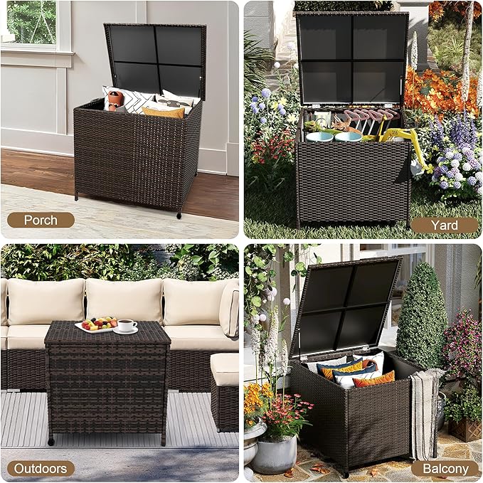 Large Deck Box Waterproof PE Rattan Outdoor Storage Box with Handles and Wheels, Storage Bin for Garden, Balcony, Porch, Pool, Yard (Brown, 80 US Gallon)