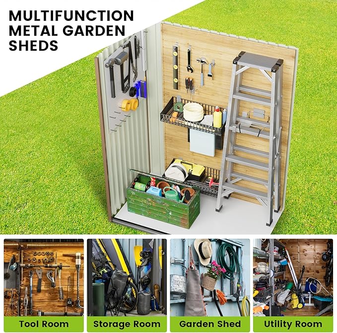 CuisinSmart Large Metal Storage Shed, 5 x 3 FT Outdoor Storage Shed, Metal Garden Tool Shed with Roof, Door & Lock, Waterproof and Anti-UV, for Patio Garden Yard, Brown
