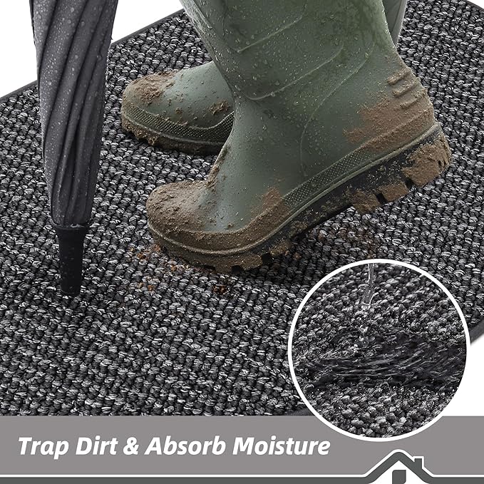 BEQHAUSE Dirt Trapper Door Mat 26" x 40" Half Circle Non-Slip Washable Doormats Entrance Rugs Absorbent Welcome Low Profile Floor Mats for Front Back Door and Entryway, Charcoal