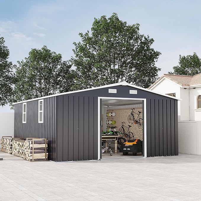 KEIKI 10' x 12' Metal Garden Storage Shed with Foundation Kit, Double Door Outdoor Tool Shed with 2 Windows, Color Steel Construction, Dark Gray